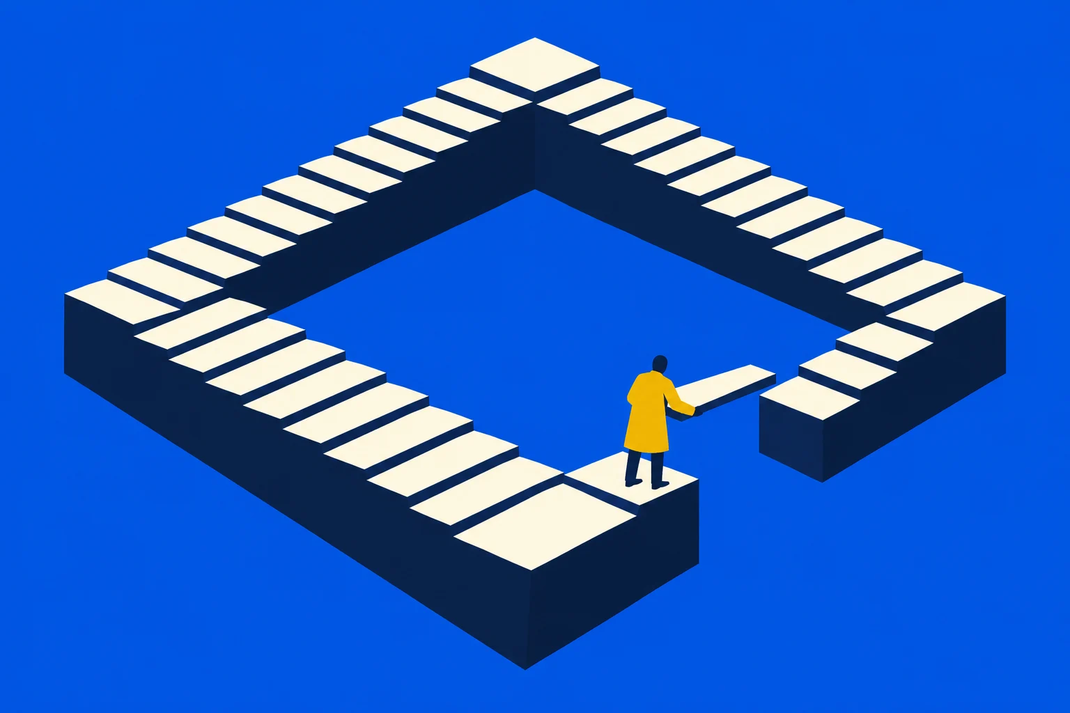 A person in a yellow coat holds a step across a gap in an impossible square staircase with cream steps and dark sides against a blue background.