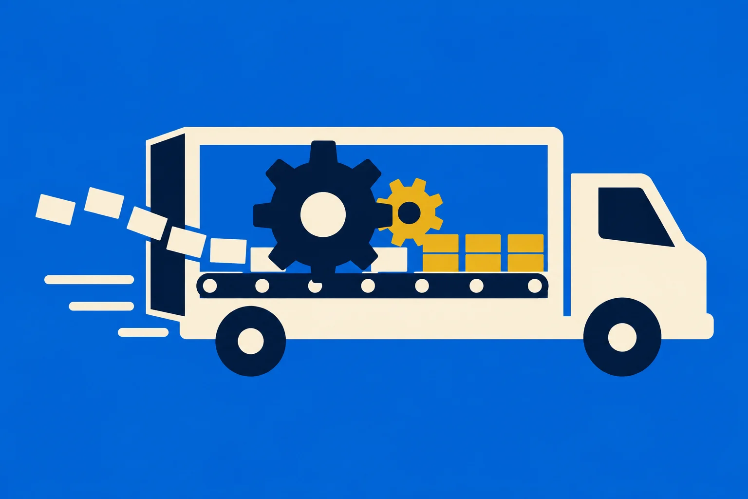 A cream delivery truck on a blue background carries large navy and yellow gears above a conveyor belt with cream parcels and yellow boxes.