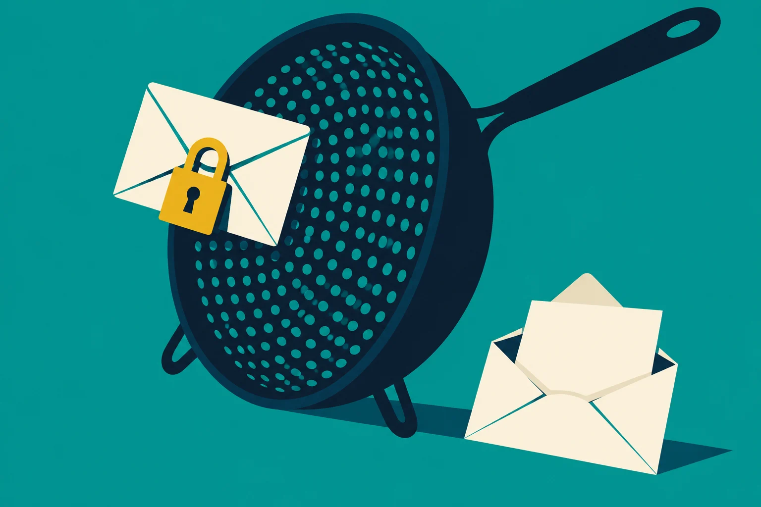 A dark strainer on a teal background holds a sealed envelope with a yellow padlock, beside an open envelope containing a blank letter.