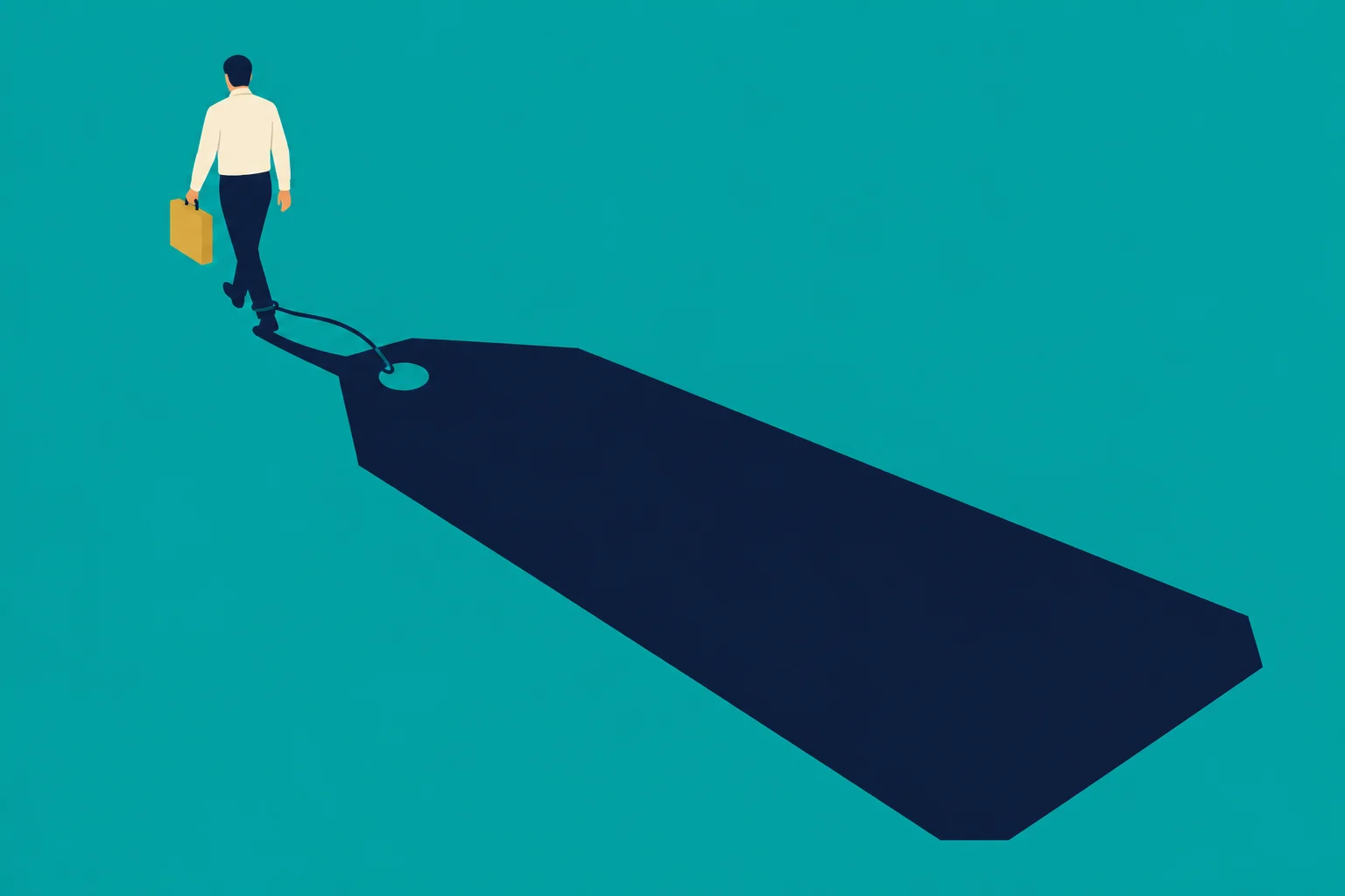 A man carrying a briefcase walks away, casting a long shadow shaped like a large price tag on a teal background.