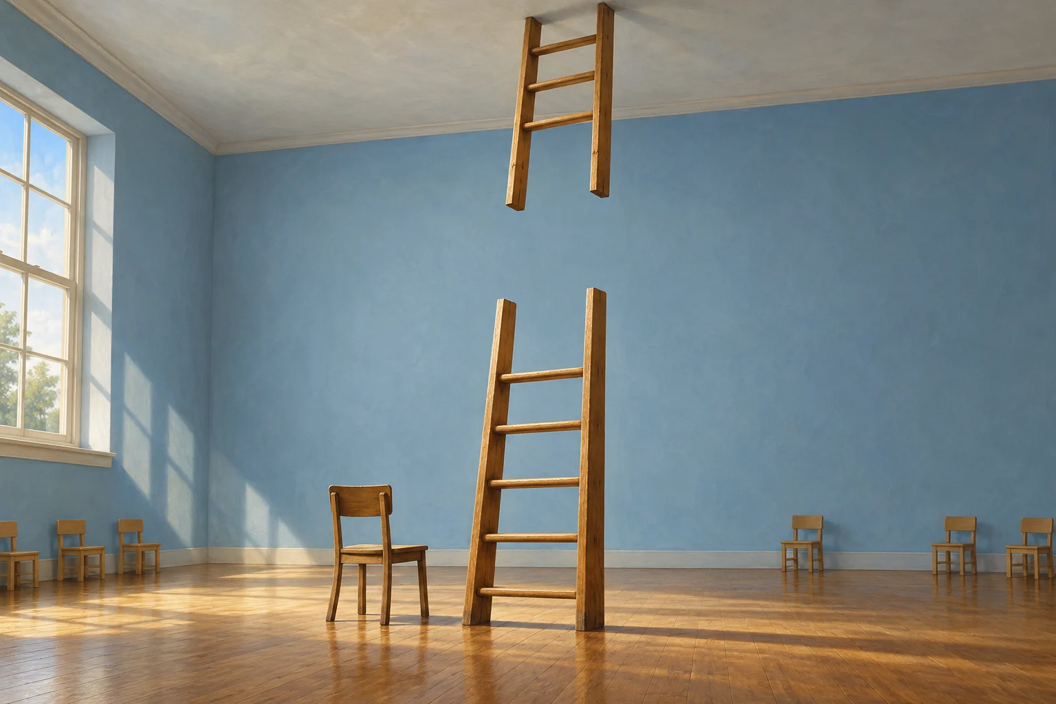 A wooden ladder with a large gap in its middle stands beside a chair in a sunlit blue room, with small chairs along the walls.