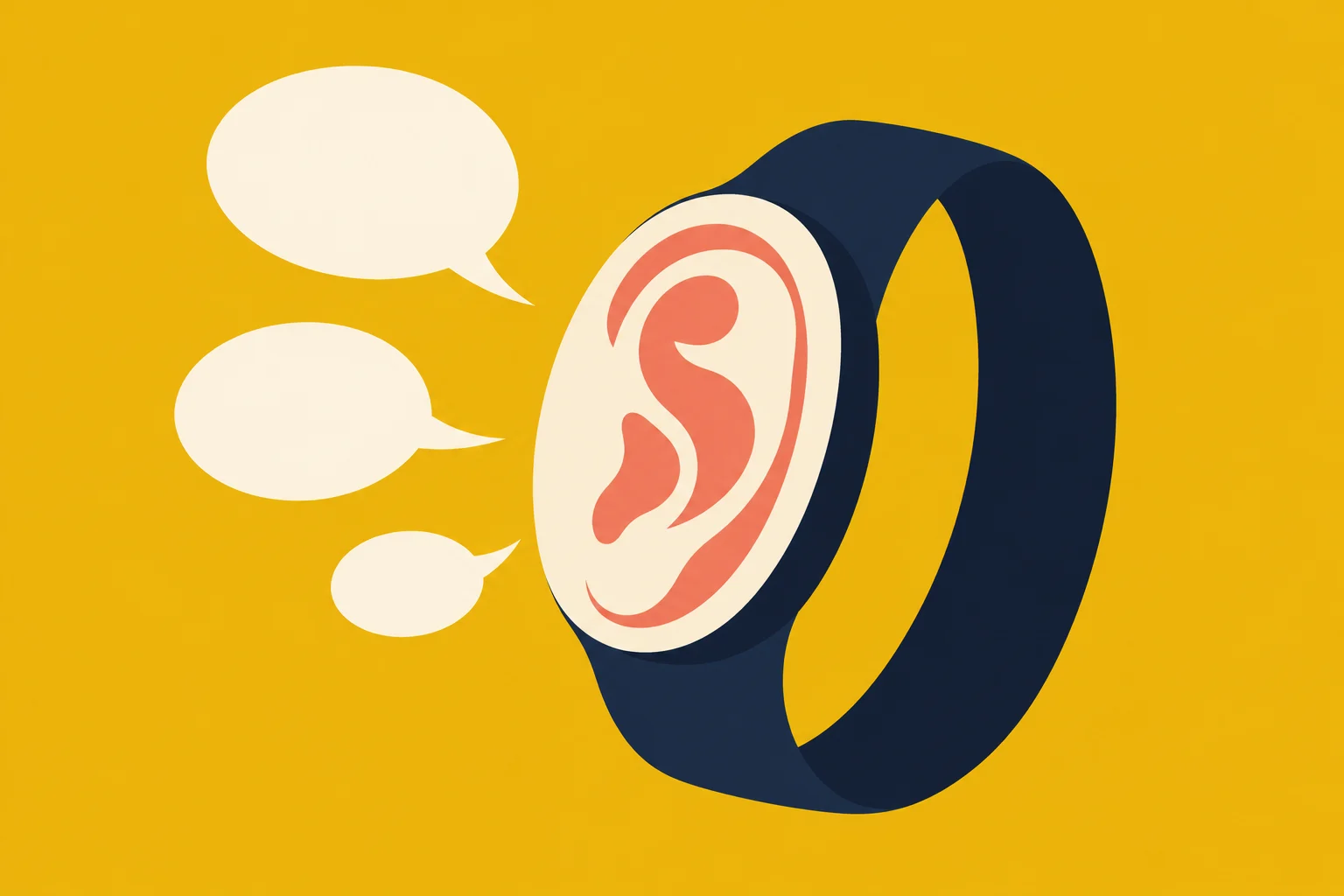 A dark blue wristband with a coral ear symbol on its cream face sits beside three empty speech bubbles against a yellow background.