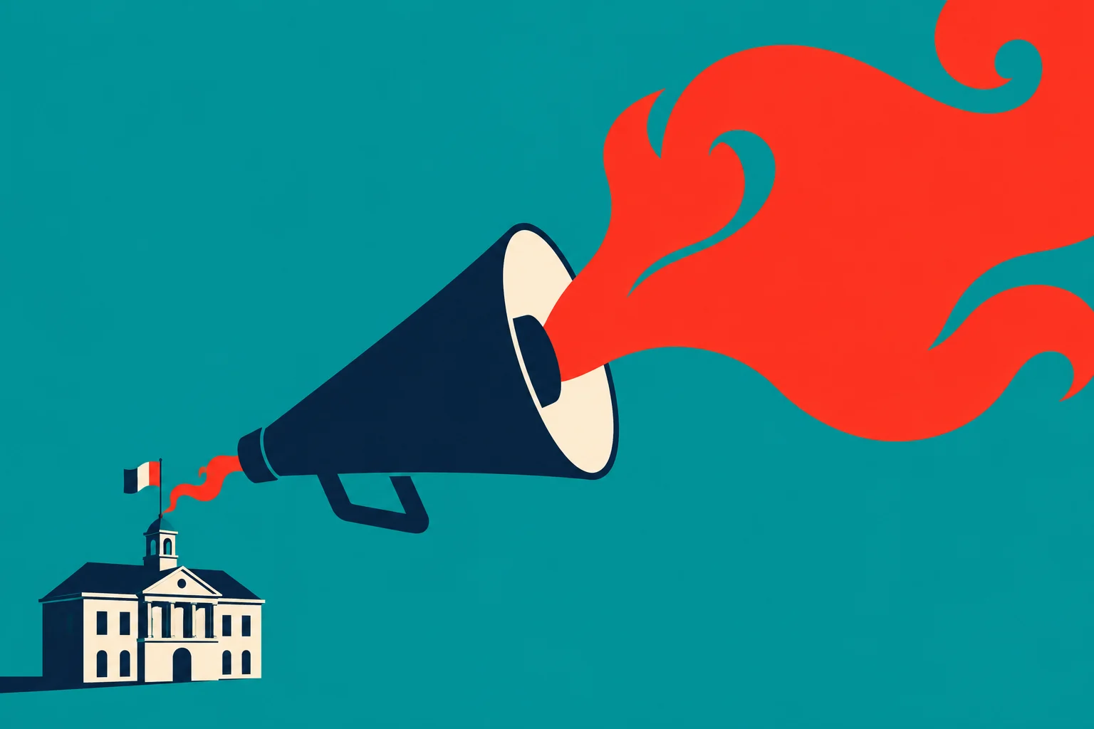 A large navy megaphone emits red flames above a small French town hall flying a tricolor flag against a teal background.