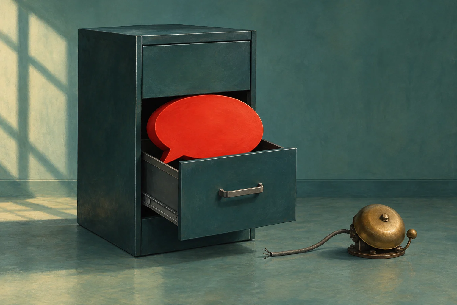 A dark teal filing cabinet holds a large red speech bubble in an open drawer, beside a brass bell with a severed cord on the floor.