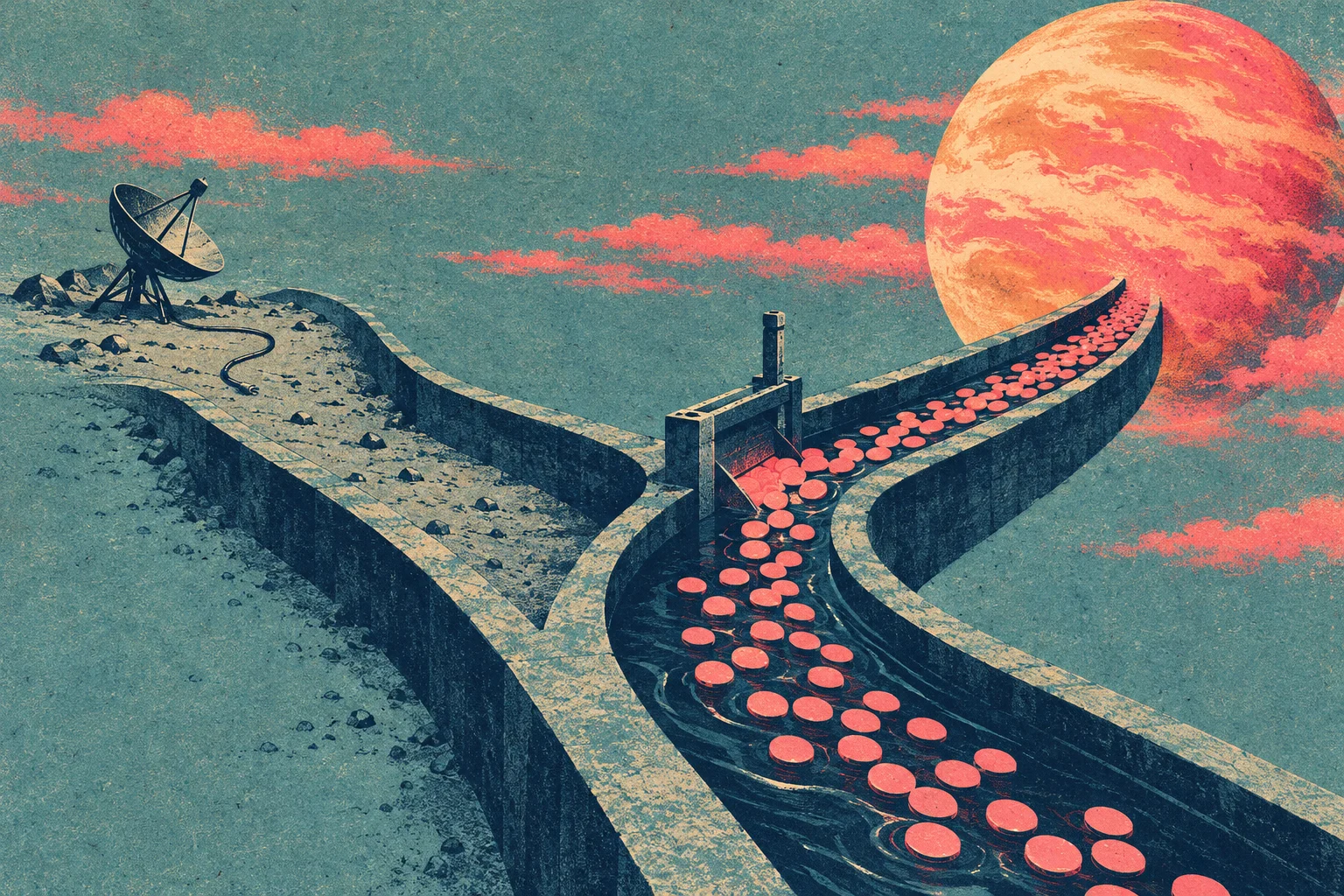 A retro science fiction landscape shows pink discs flowing through a curving canal beneath a giant orange planet, with a satellite dish on rocky ground.