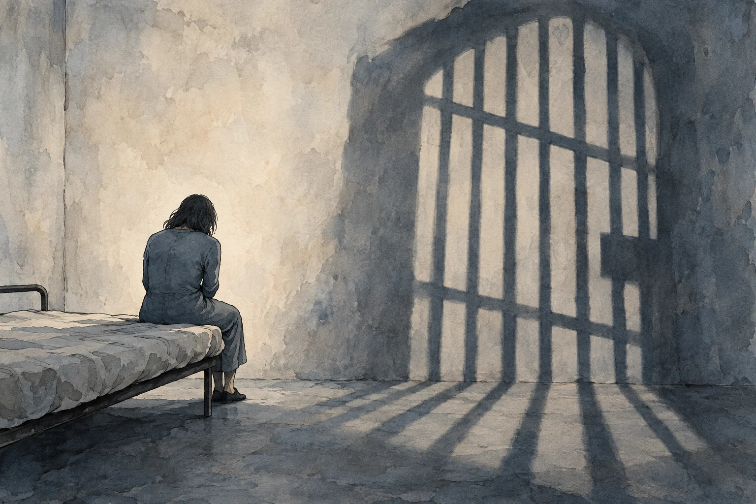 A person sits hunched on a narrow bed in a bare prison cell, with large shadows of barred doors stretching across the wall and floor.