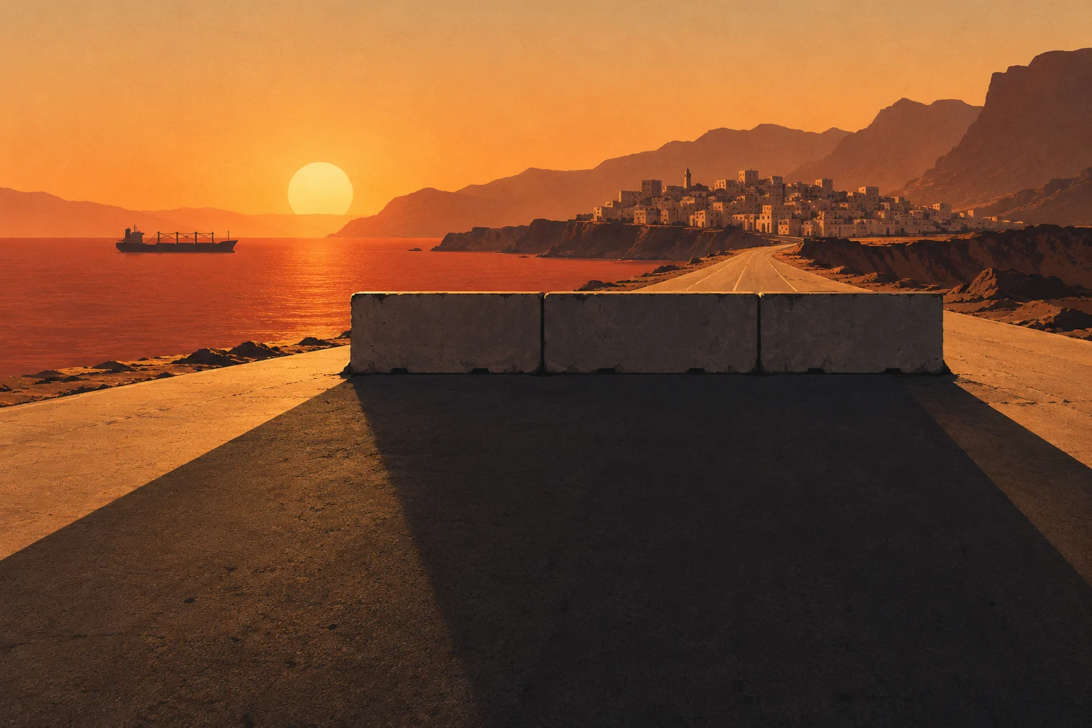 Concrete barriers block a coastal road leading toward a hillside town, while a ship sails beneath an orange sunset beside rugged mountains.