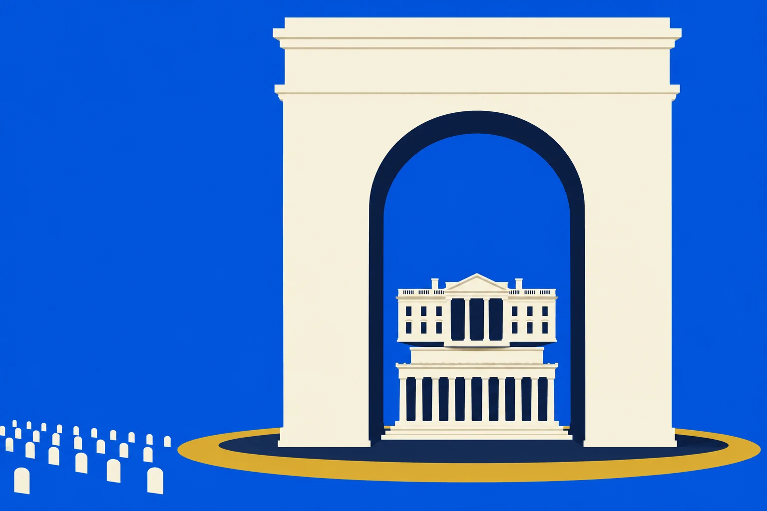 A cream-colored monumental arch frames two stacked neoclassical buildings against a blue background, with a golden oval base and rows of small white markers nearby.