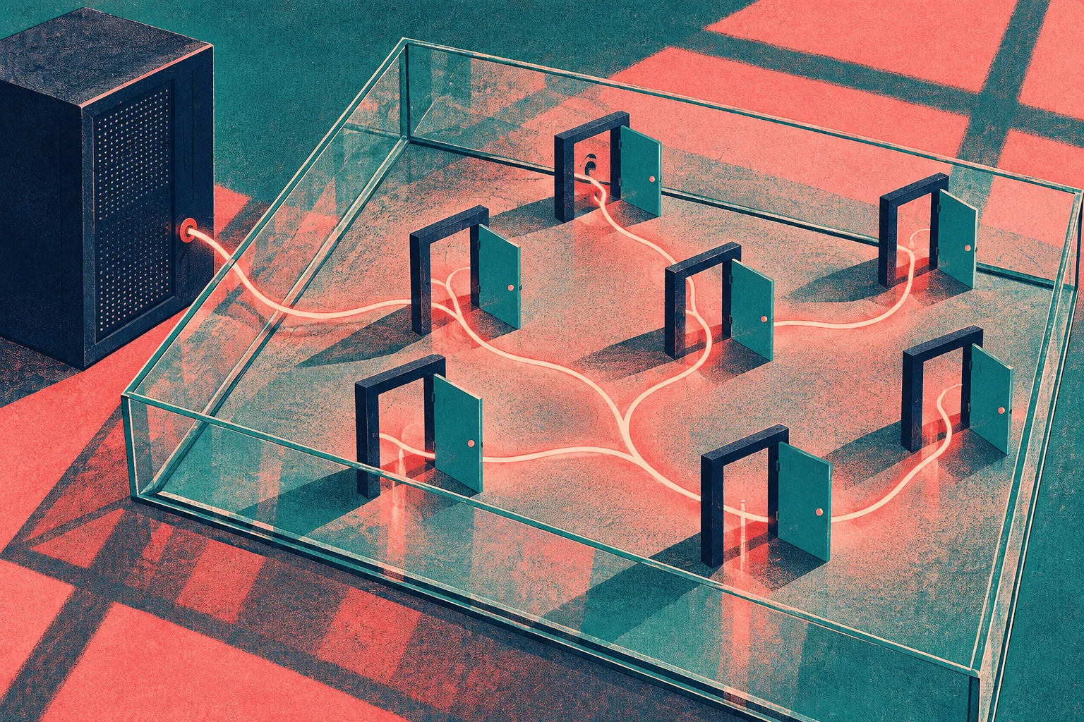 A server connects through glowing coral cables to seven open doors inside a glass enclosure, illustrated in teal and coral with long shadows.