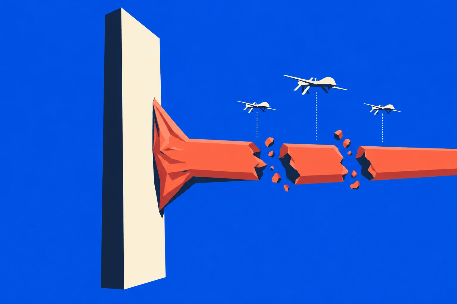 Three drones hover above a fractured orange beam extending from a tall cream wall, with scattered fragments against a blue background.