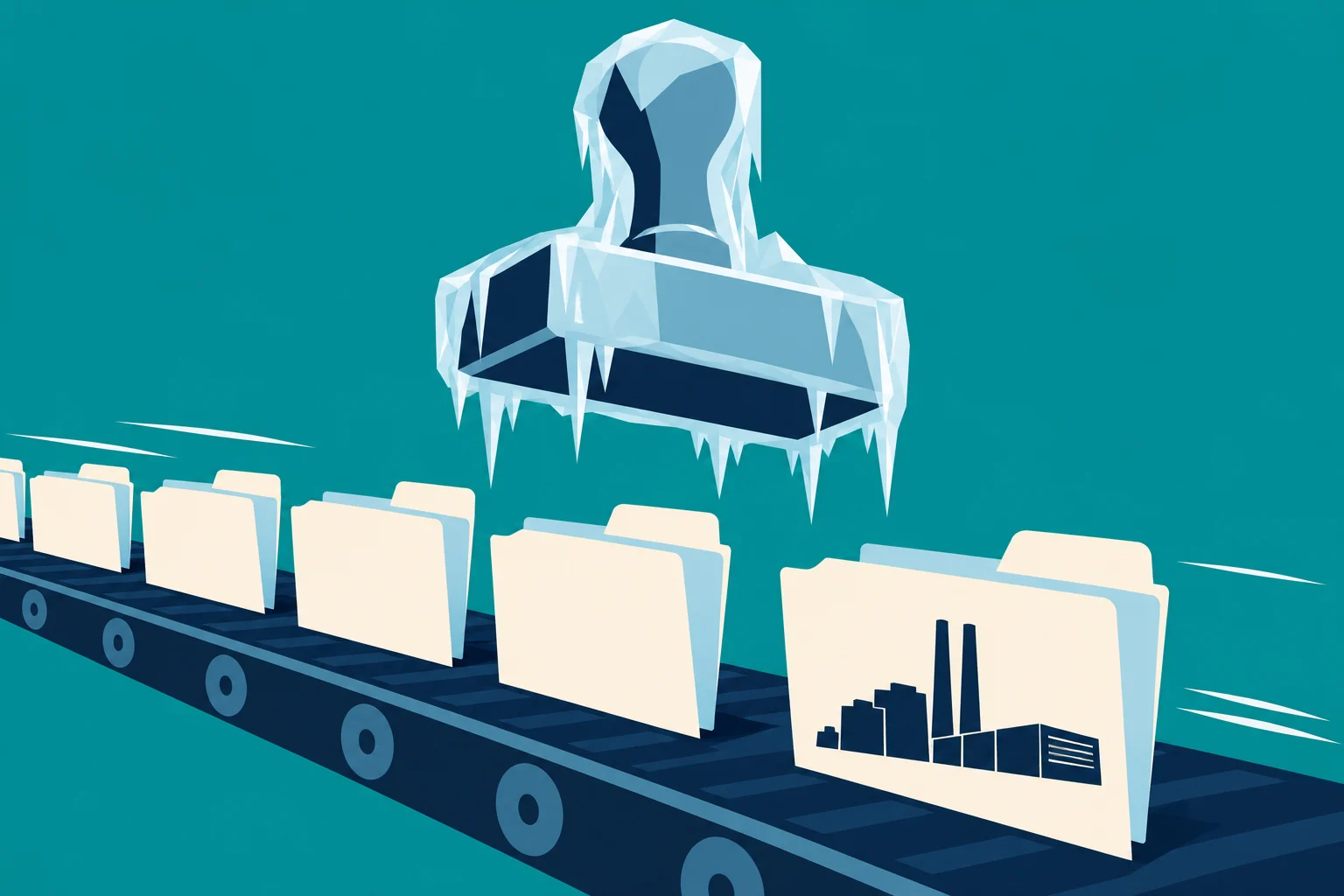 Folders travel along a conveyor belt beneath a large frozen rubber stamp, with a factory symbol on the front folder.