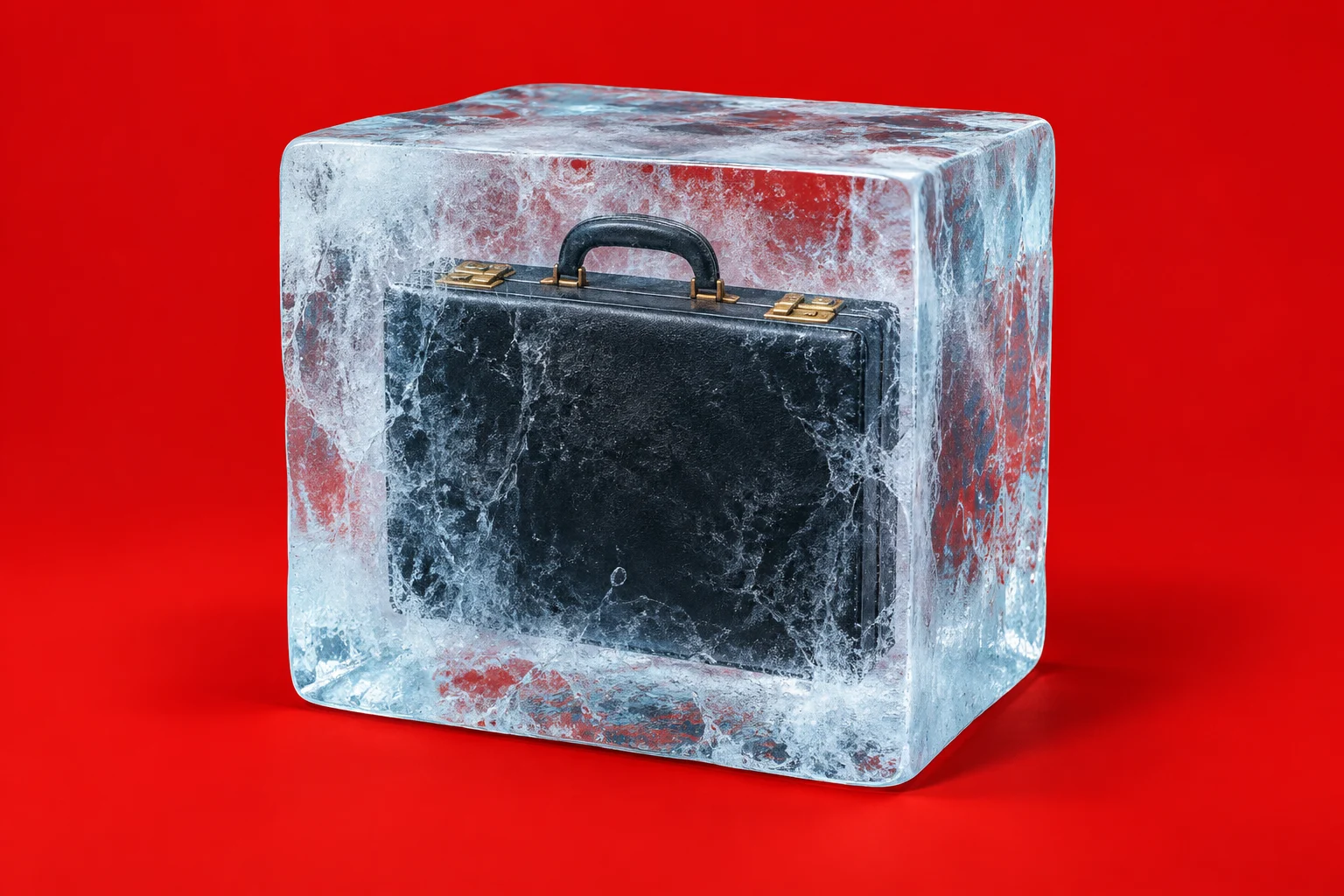 A black briefcase with gold clasps is encased in a large translucent block of cracked ice against a bright red background.