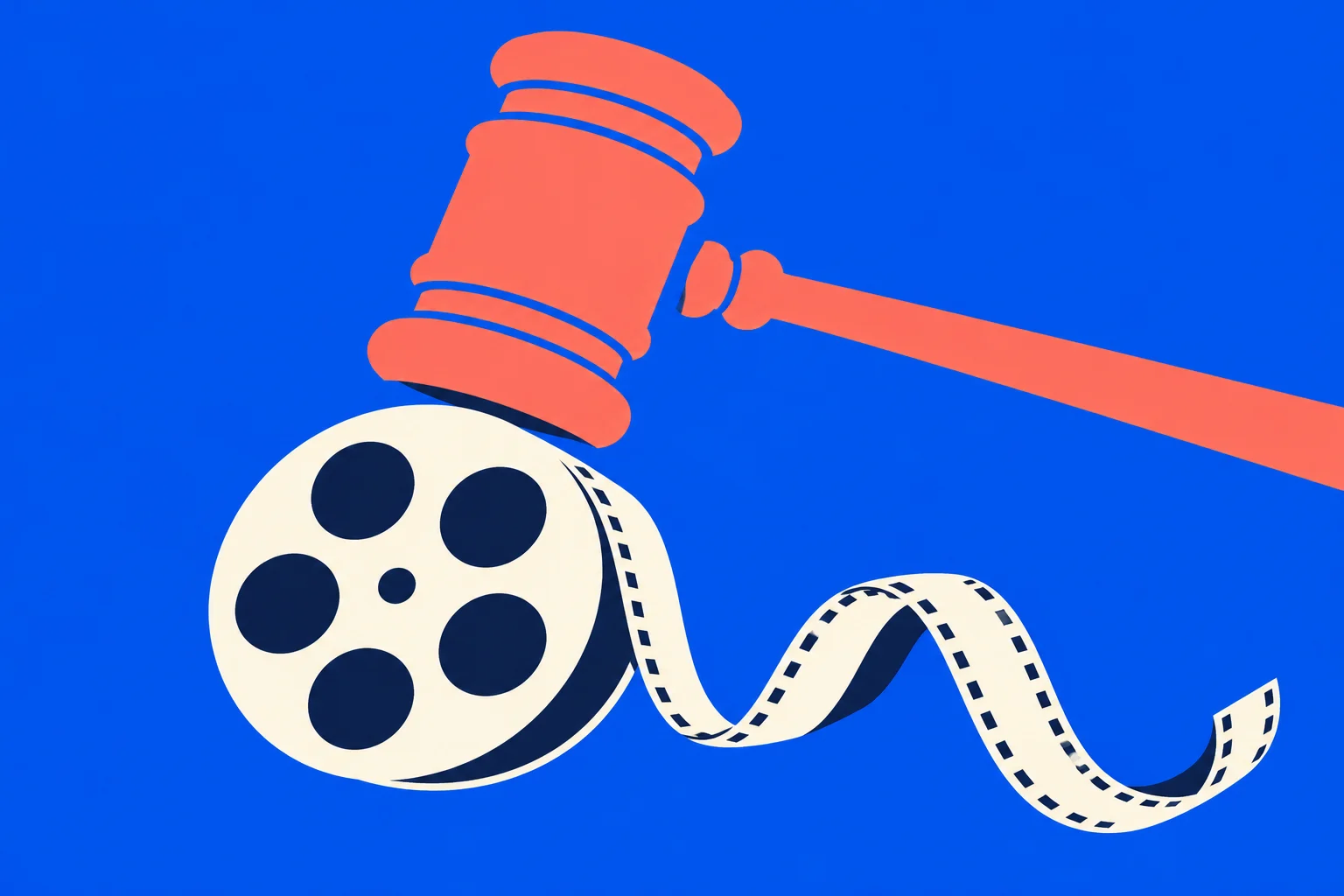 An orange judge’s gavel hovers above a cream film reel with an unspooling strip against a bright blue background.