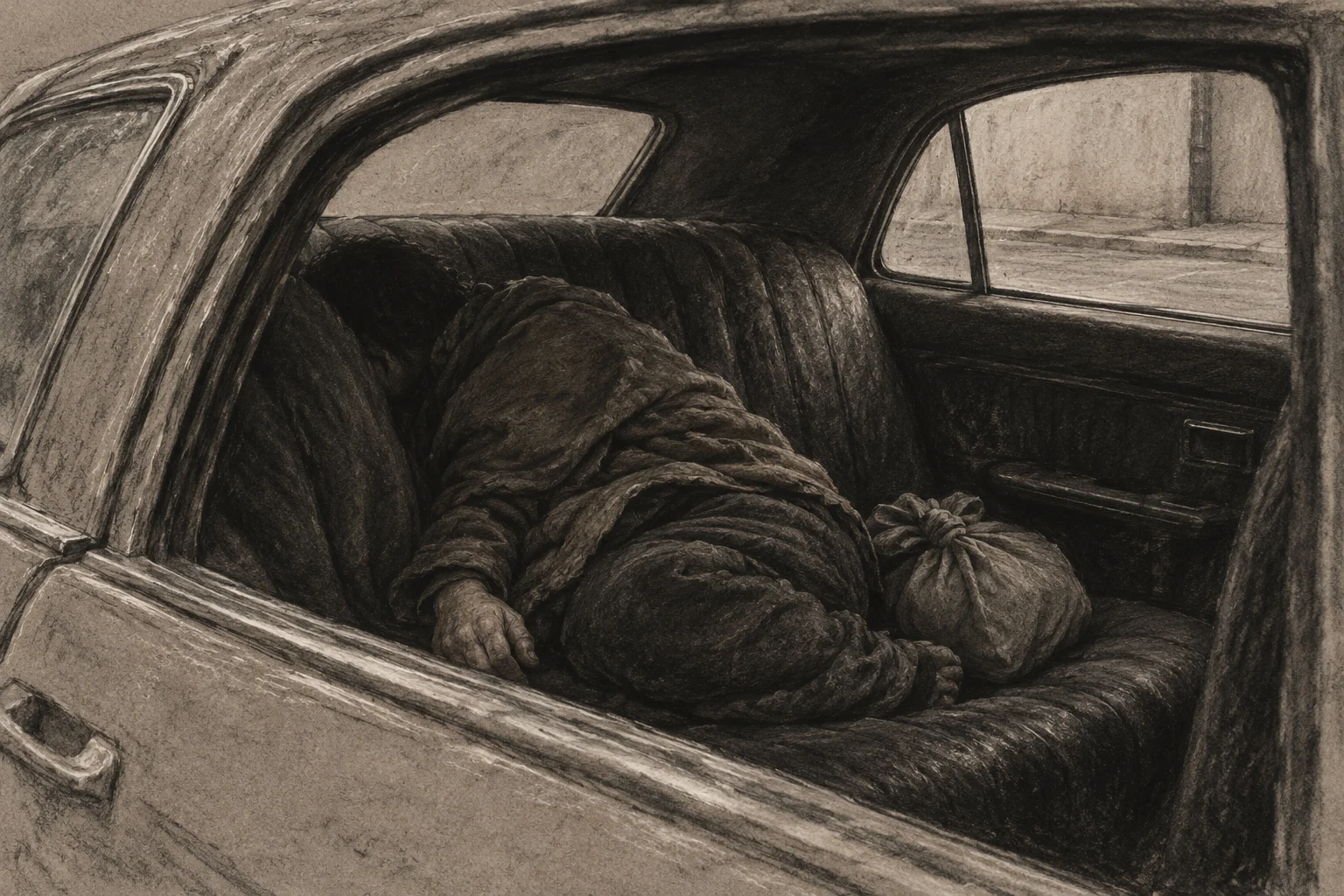 A charcoal-style drawing shows a person curled up on a car’s worn back seat, with a tied cloth bundle beside them.