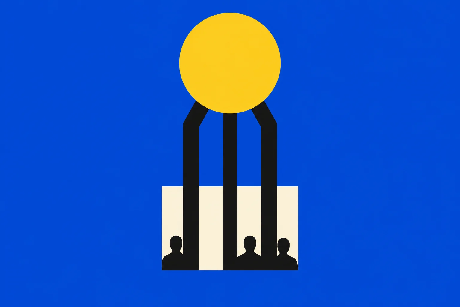 A large yellow circle tops three black pillar-like shapes above three human silhouettes against a cream rectangle on a blue background.