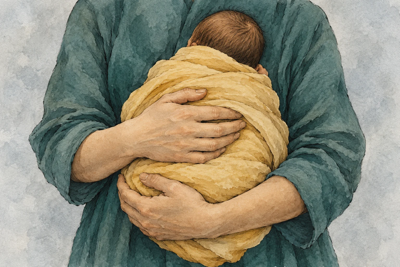 An adult in a teal robe cradles a baby wrapped in a yellow blanket, rendered in watercolor.