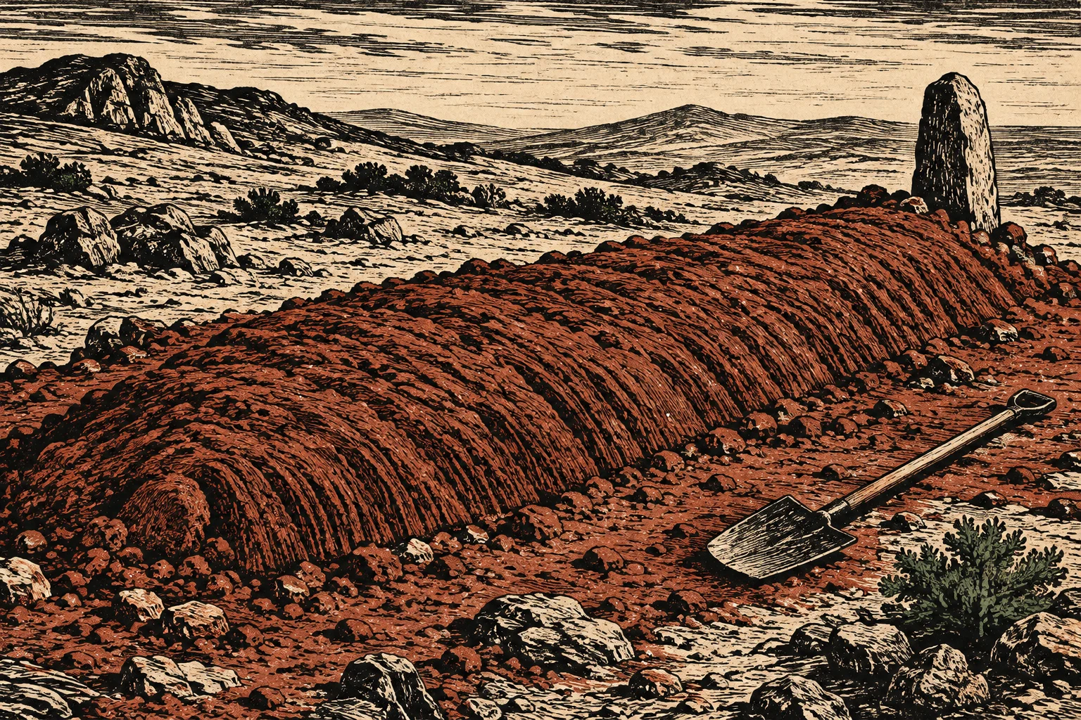 A woodcut-style desert scene shows a long mound of reddish earth beside a shovel, with a standing stone at one end and rocky hills beyond.