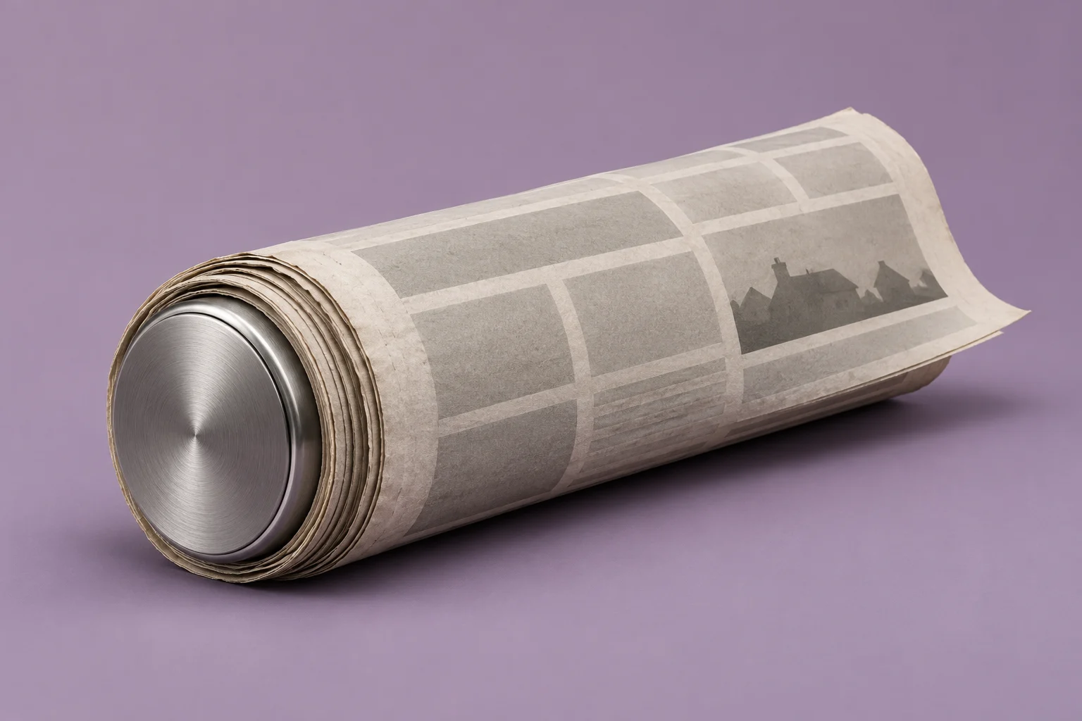 A rolled newspaper surrounds a metal cylinder, with its circular silver end exposed, resting on a muted purple surface.