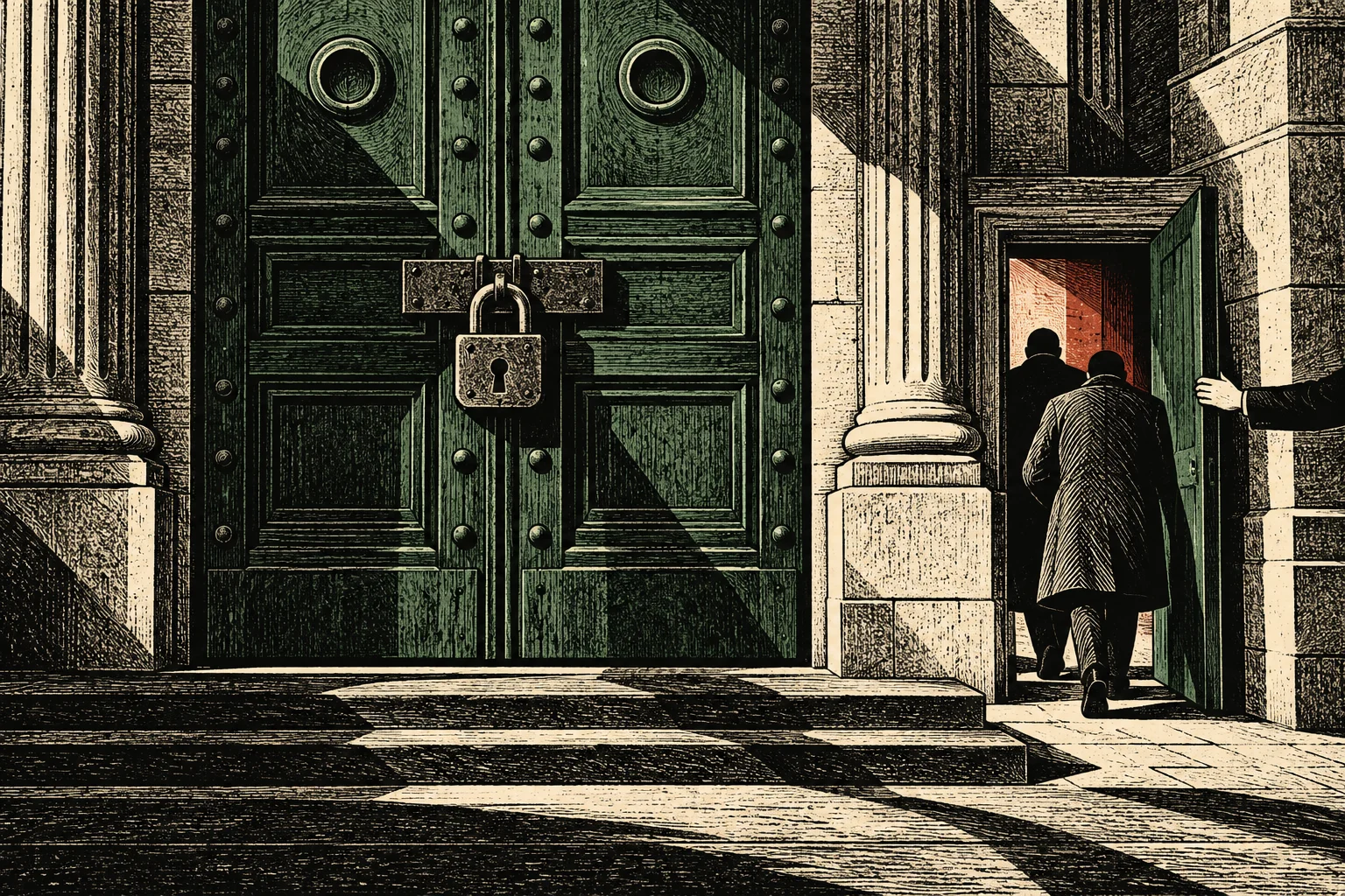 Two men enter a small open doorway beside enormous padlocked green doors, with stone columns and strong shadows rendered in an engraving style.