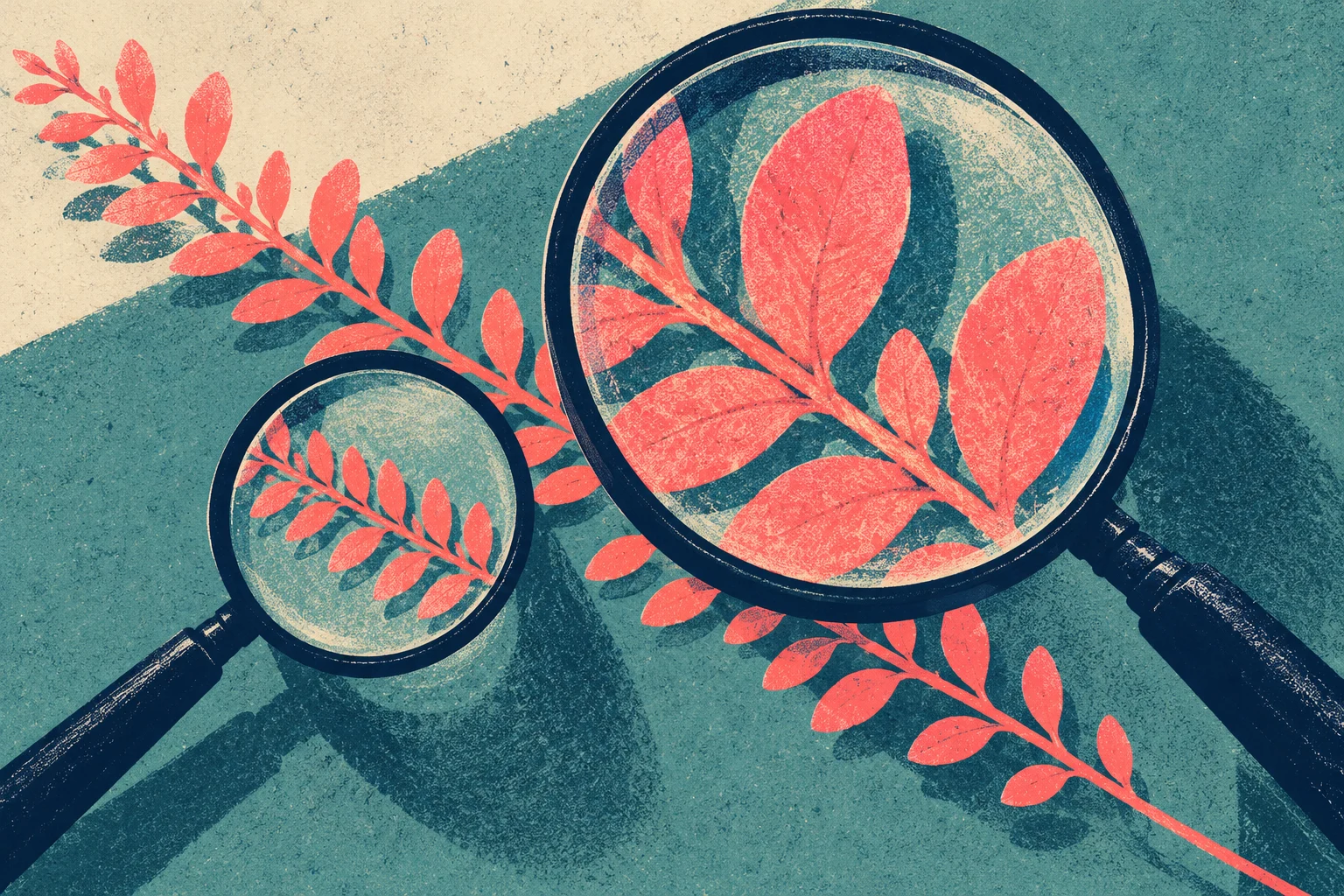 Two magnifying glasses enlarge coral leaves on a diagonal branch against a textured teal and cream background.