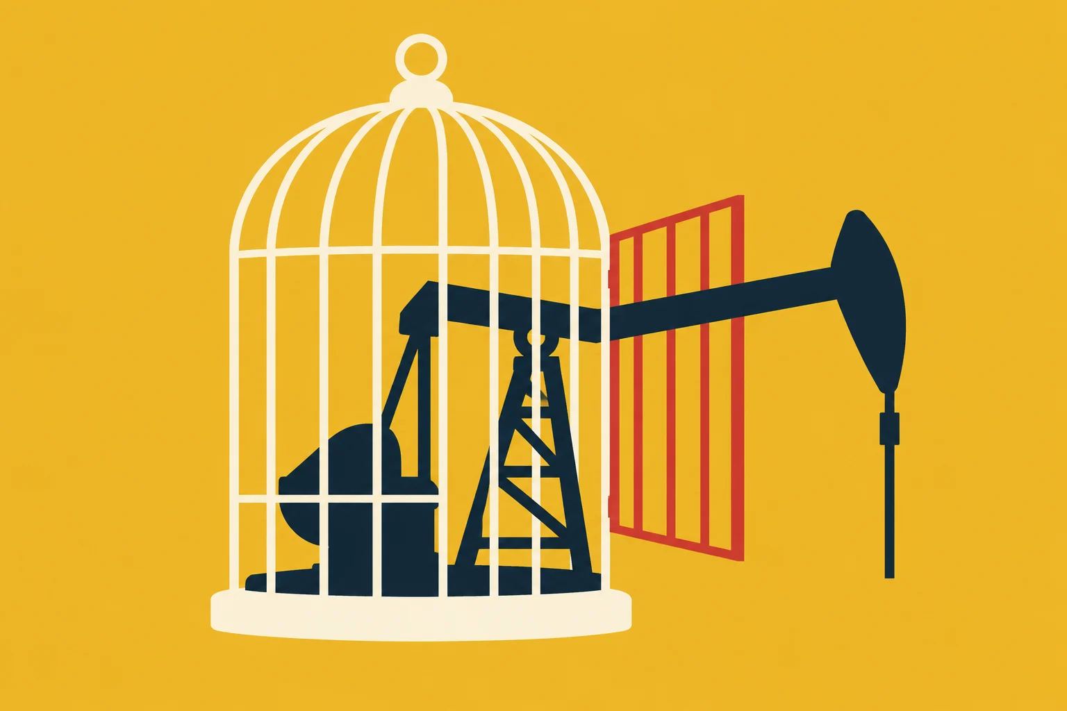A dark oil pumpjack sits inside a cream birdcage with an open red door, its beam extending outside against a yellow background.