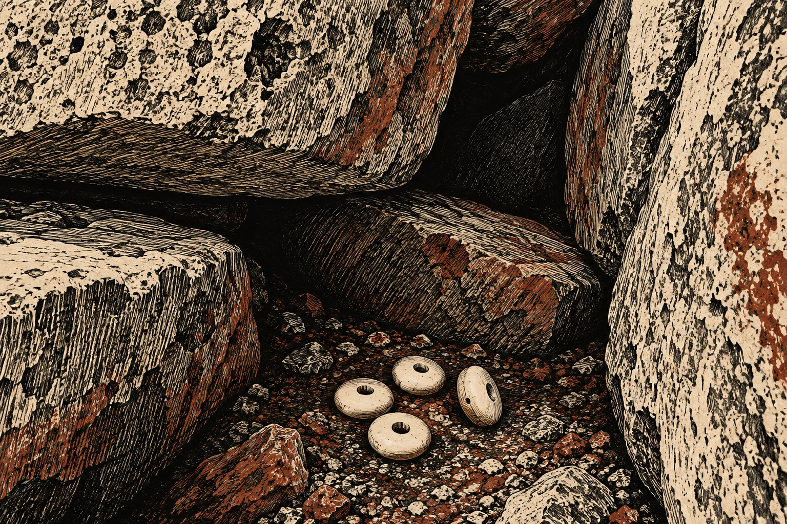 Four pale, hole-pierced stone discs rest among gravel beneath large, textured boulders in a black, cream, and rust-colored illustration.