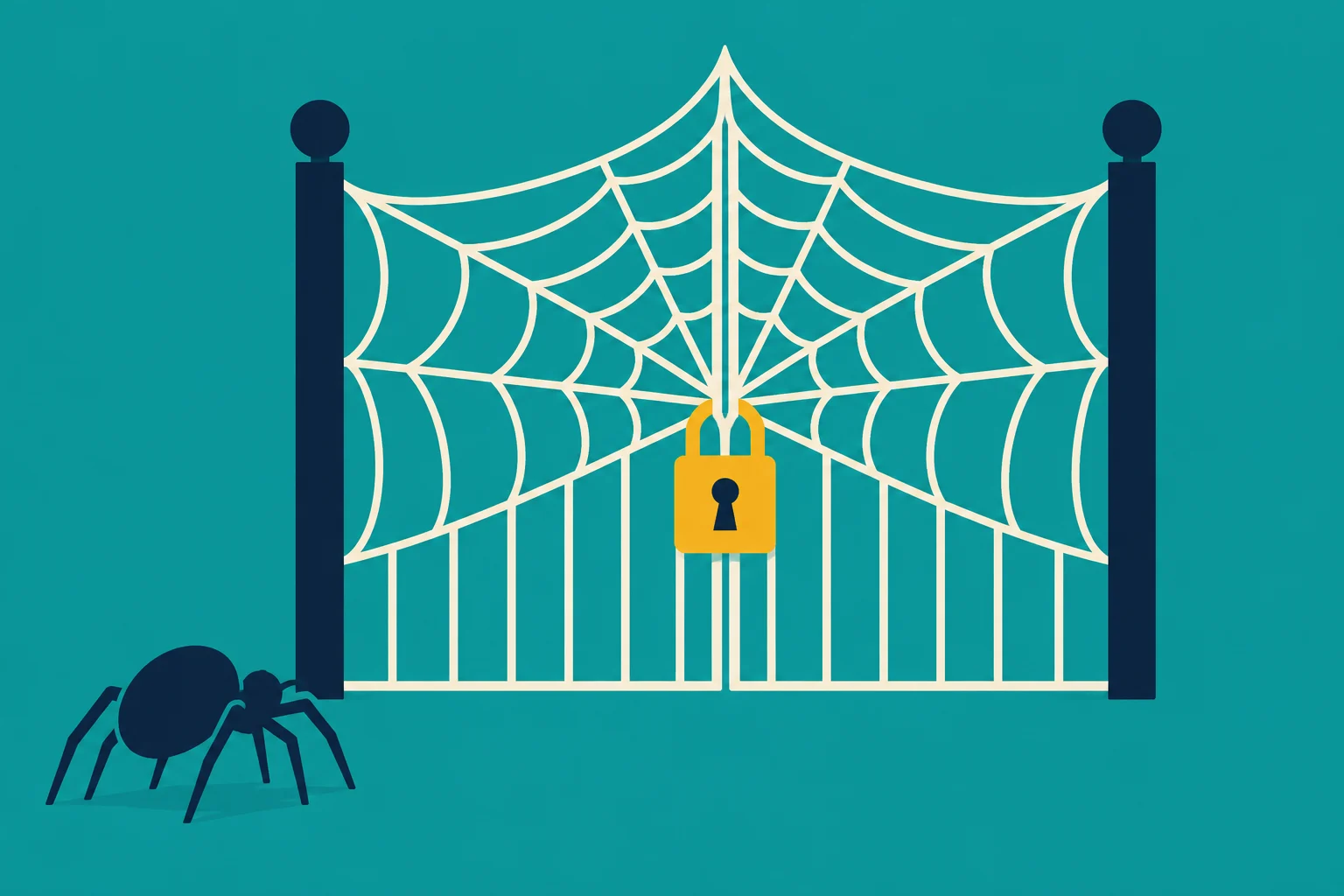 A cream spiderweb forms a gate between dark blue posts, secured with a yellow padlock, while a dark spider stands nearby against a teal background.