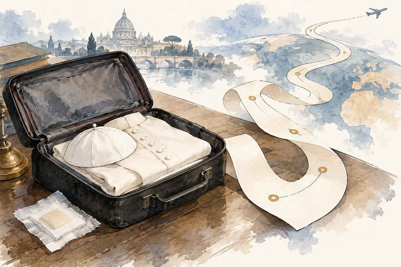 An open suitcase holds white papal clothing beside a winding travel route across a globe, with Vatican architecture and an airplane in the watercolor background.