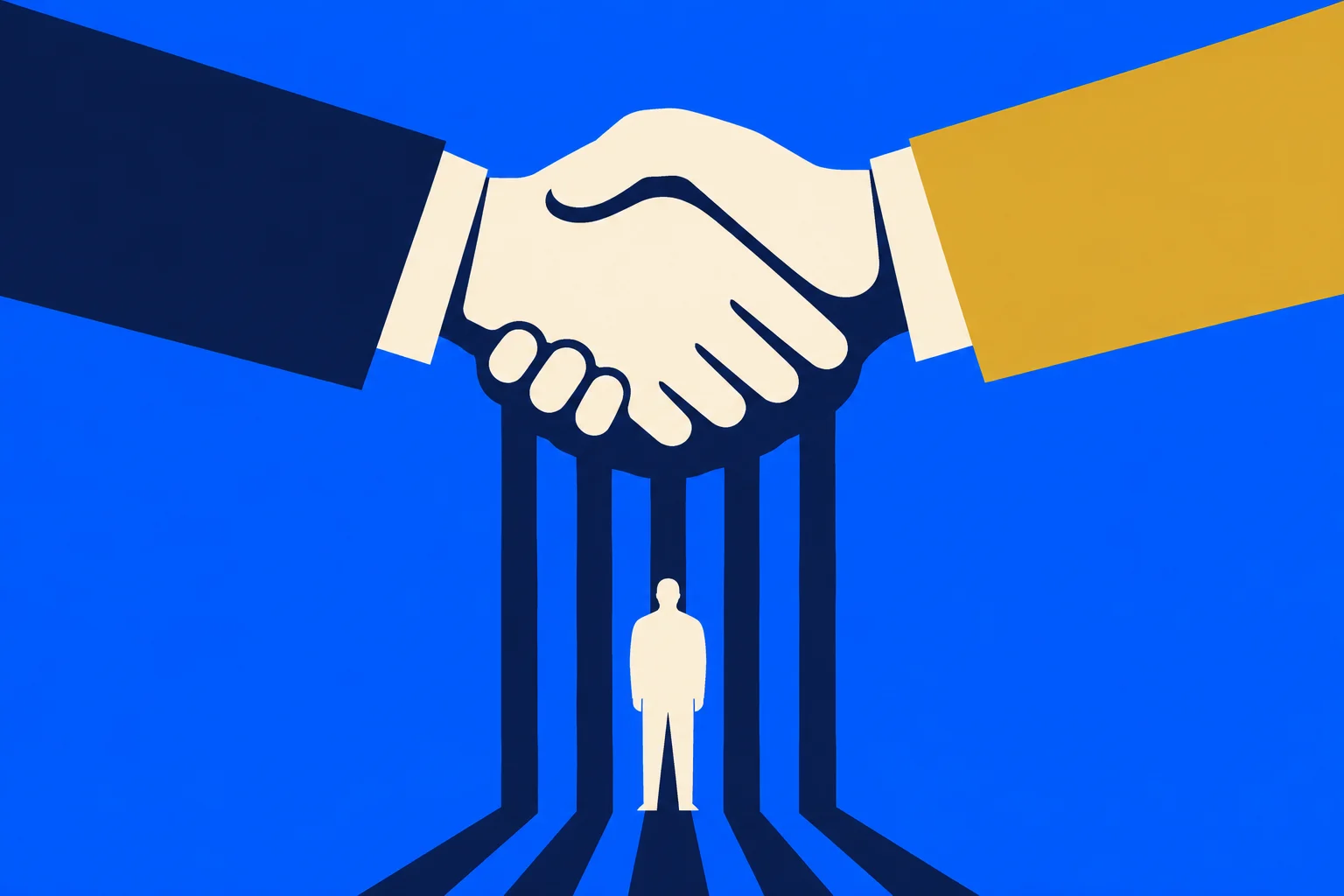 Two large hands shake above a small person enclosed by dark prison bars extending downward from the handshake against a bright blue background.