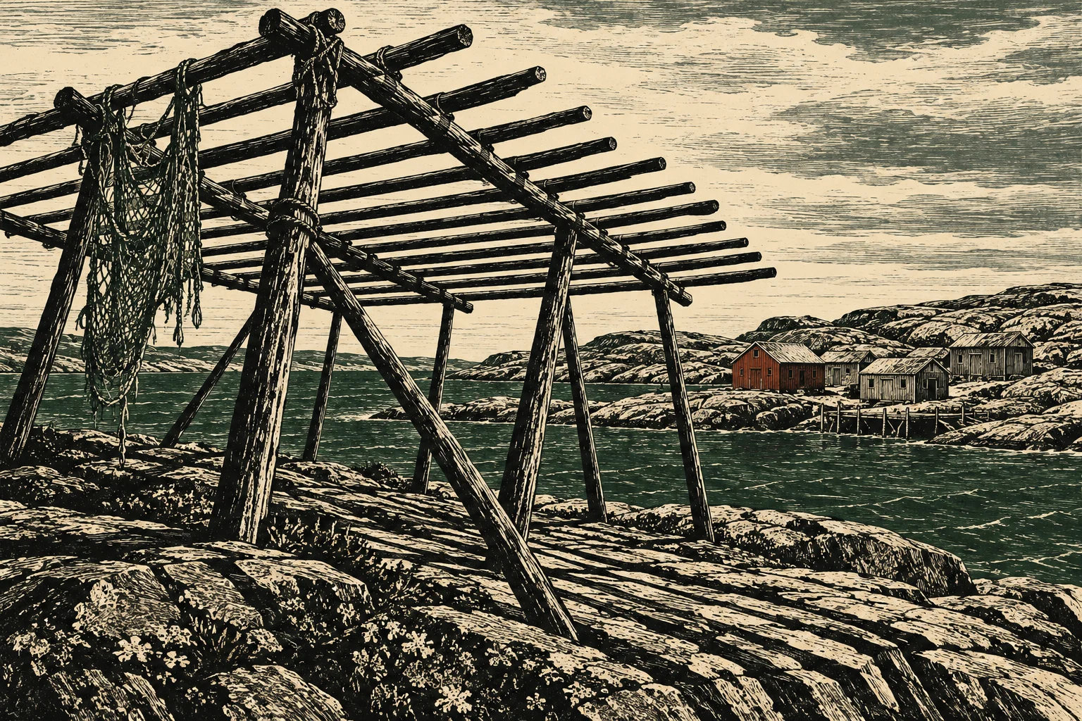 A woodcut-style coastal scene shows wooden fish-drying racks with hanging nets on rocky shores, dark water, and small fishing huts beneath a cloudy sky.