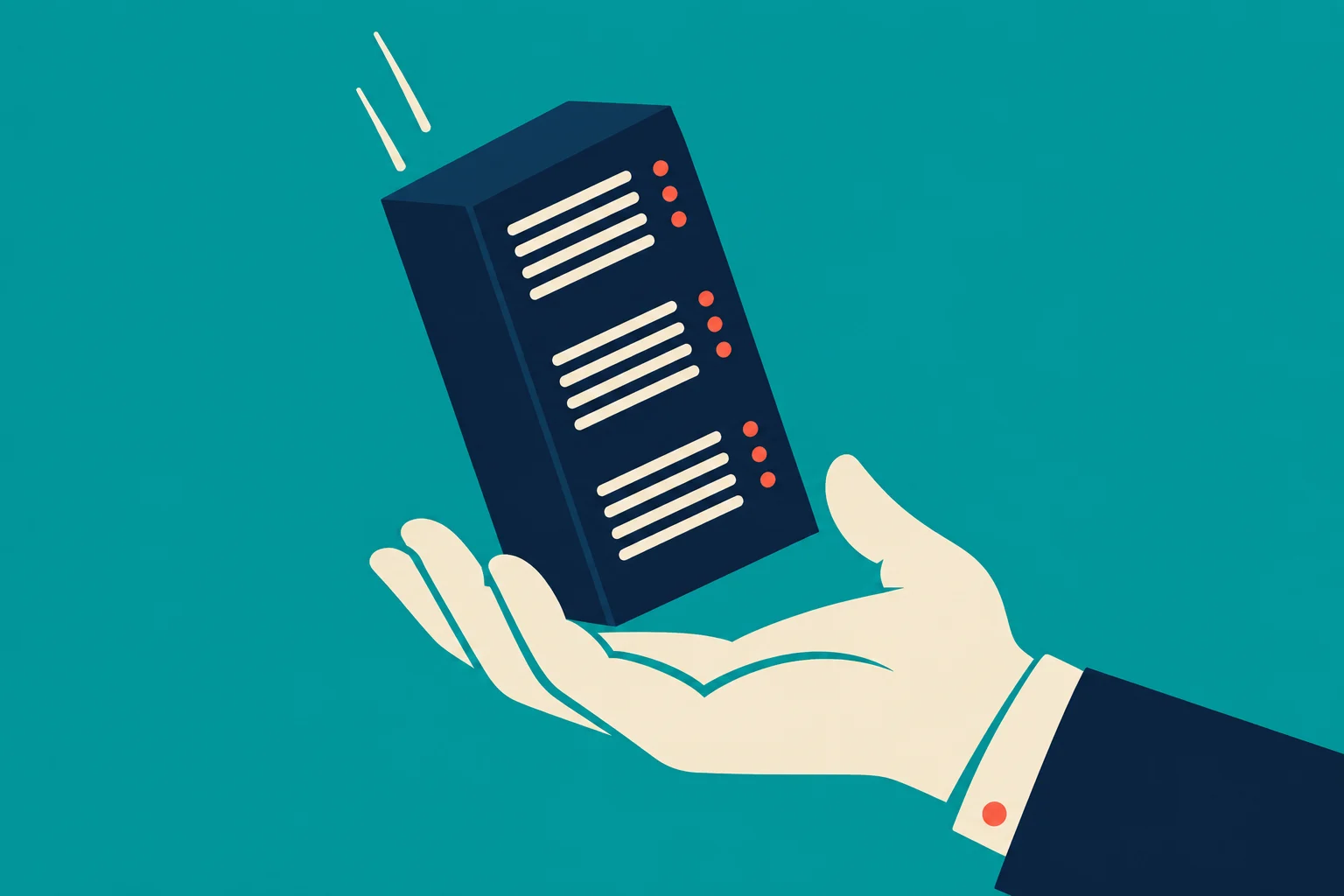 A stylized hand holds a dark blue server tower with cream horizontal slots and orange indicator lights against a teal background.