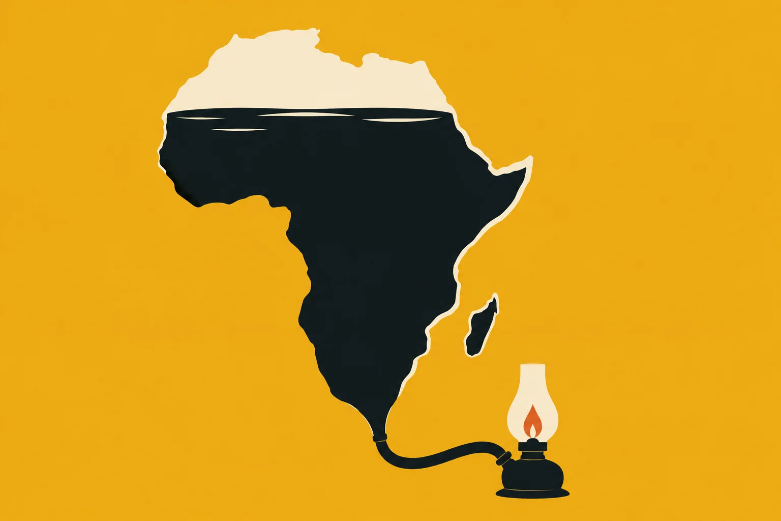 A dark silhouette of Africa, partially filled with cream-colored liquid, connects by a curved hose to a burning oil lamp on a golden background.