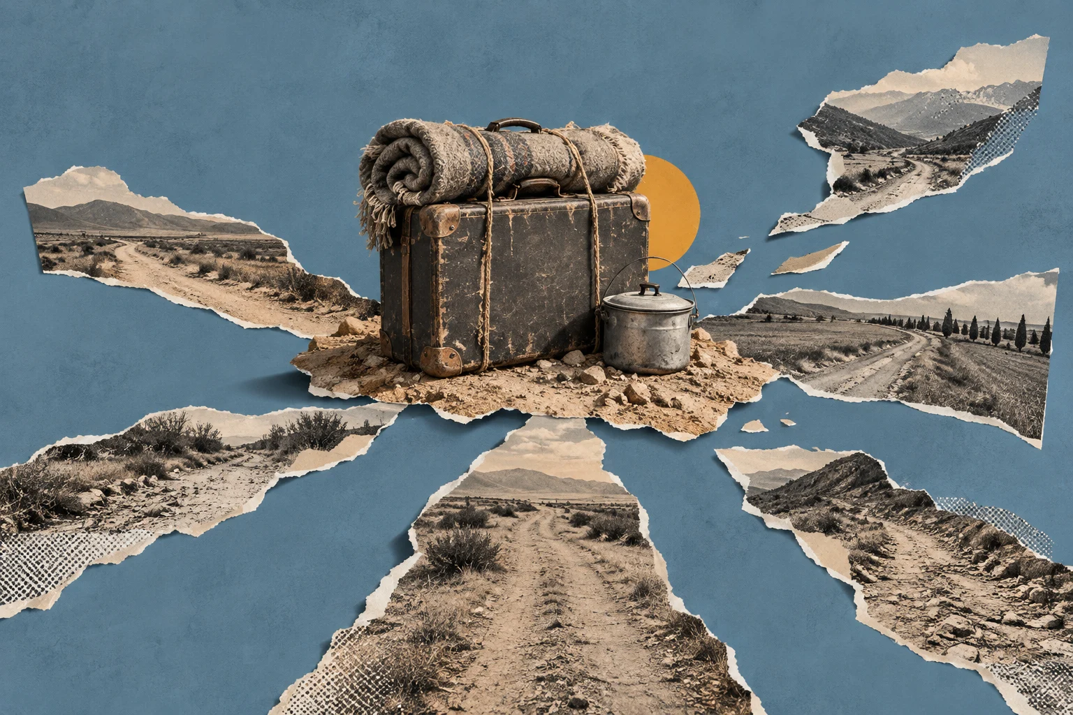 A vintage suitcase topped with a rolled blanket sits beside a metal pot, surrounded by torn photographs of rural roads on a blue background.