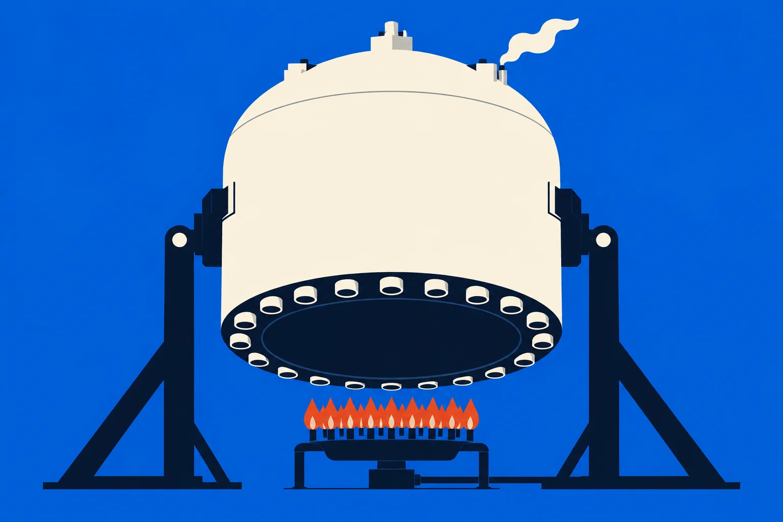 A large cream-colored industrial vessel hangs in a dark metal frame above a gas burner with orange flames against a blue background.