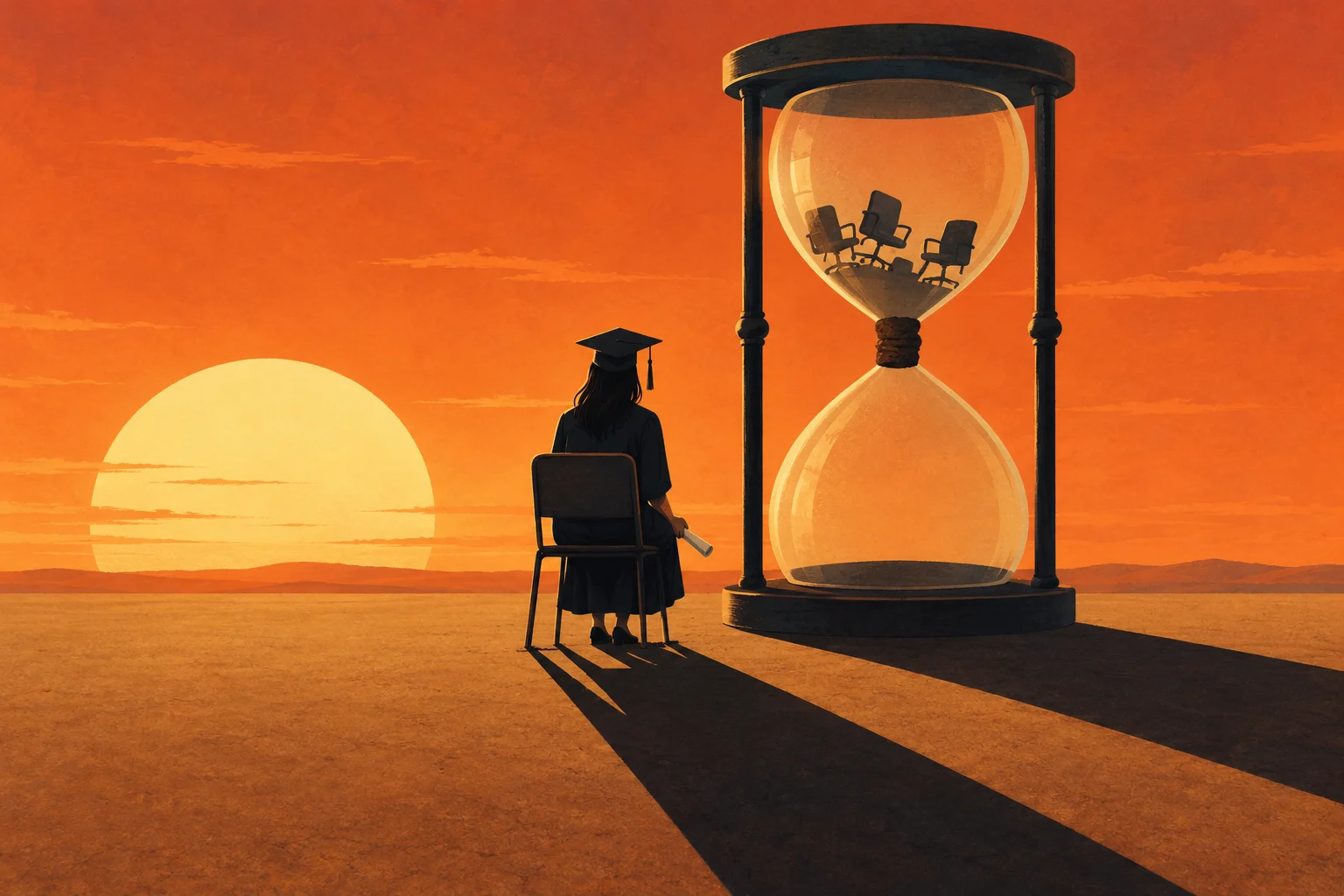 A seated graduate holding a diploma faces a giant hourglass containing office chairs, against an orange sunset with long shadows.