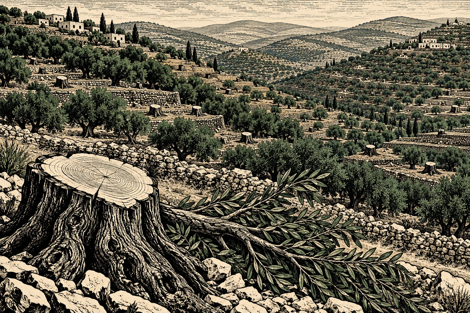 A woodcut-style landscape shows terraced olive groves, scattered tree stumps, hillside houses, and a large freshly cut stump beside leafy branches in the foreground.